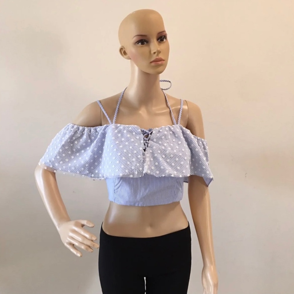 DO+BE Striped Off Shoulder Ruffle Polka-Dot Strappy Crop Top Size M